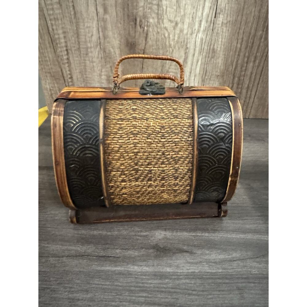 Vintage Wooden Box Purse Woven Bamboo and Wood With Metal Latch Lovely Detail